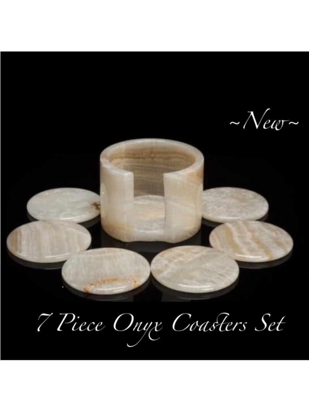 Elegant Onyx Coaster Set With Holder - Cream color ~New~